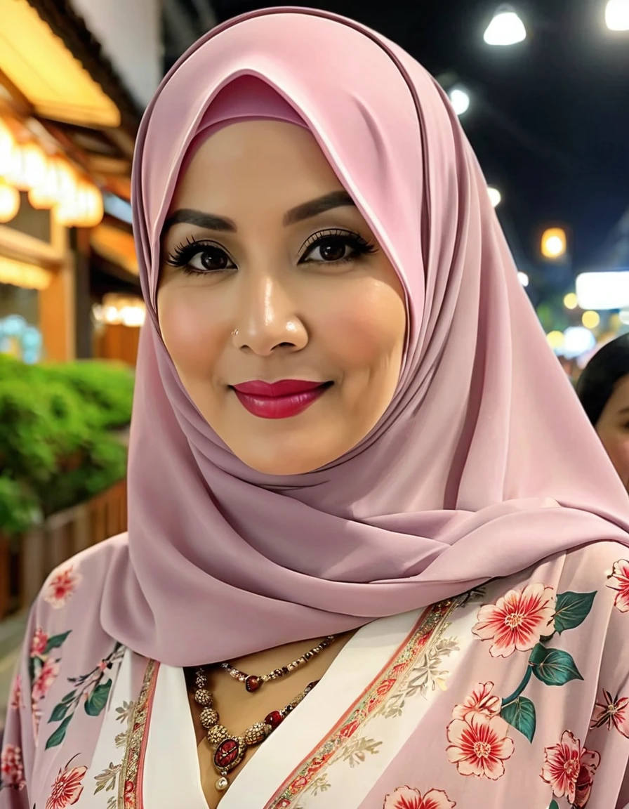 58 Years old, Indonesian mature woman, wearing Wide Hijab, perfect , natural Gigantic breast : 9, gorgeous eyes, Soft smile, wear a Tight Yukata, No Wearing Bra, necklace, Breast about to burst Out, Nightime walk, Excellent light, Light Colour.