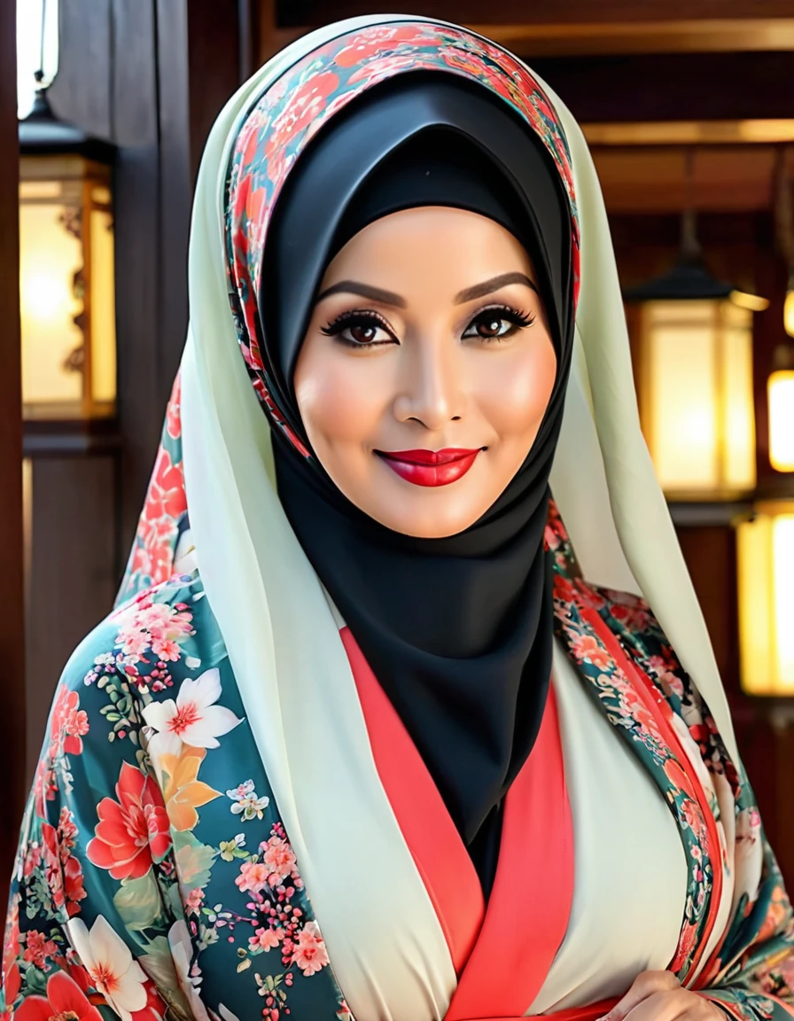 58 Years old, Indonesian mature woman, wearing Wide Hijab, perfect , natural Gigantic breast : 9, gorgeous eyes, Soft smile, wear a Tight Yukata, No Wearing Bra, necklace, Breast about to burst Out, Nightime walk, Excellent light, Light Colour.