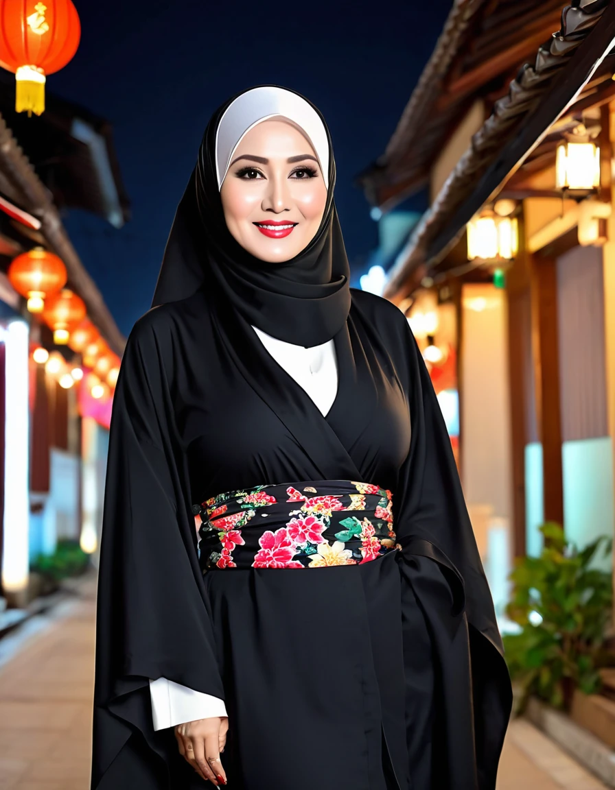 58 Years old, Indonesian mature woman, wearing Wide Hijab, perfect , natural Gigantic breast : 9, gorgeous eyes, Soft smile, wear a Tight Yukata, No Wearing Bra, necklace, Breast about to burst Out, Nightime walk, Excellent light, Light Colour.
