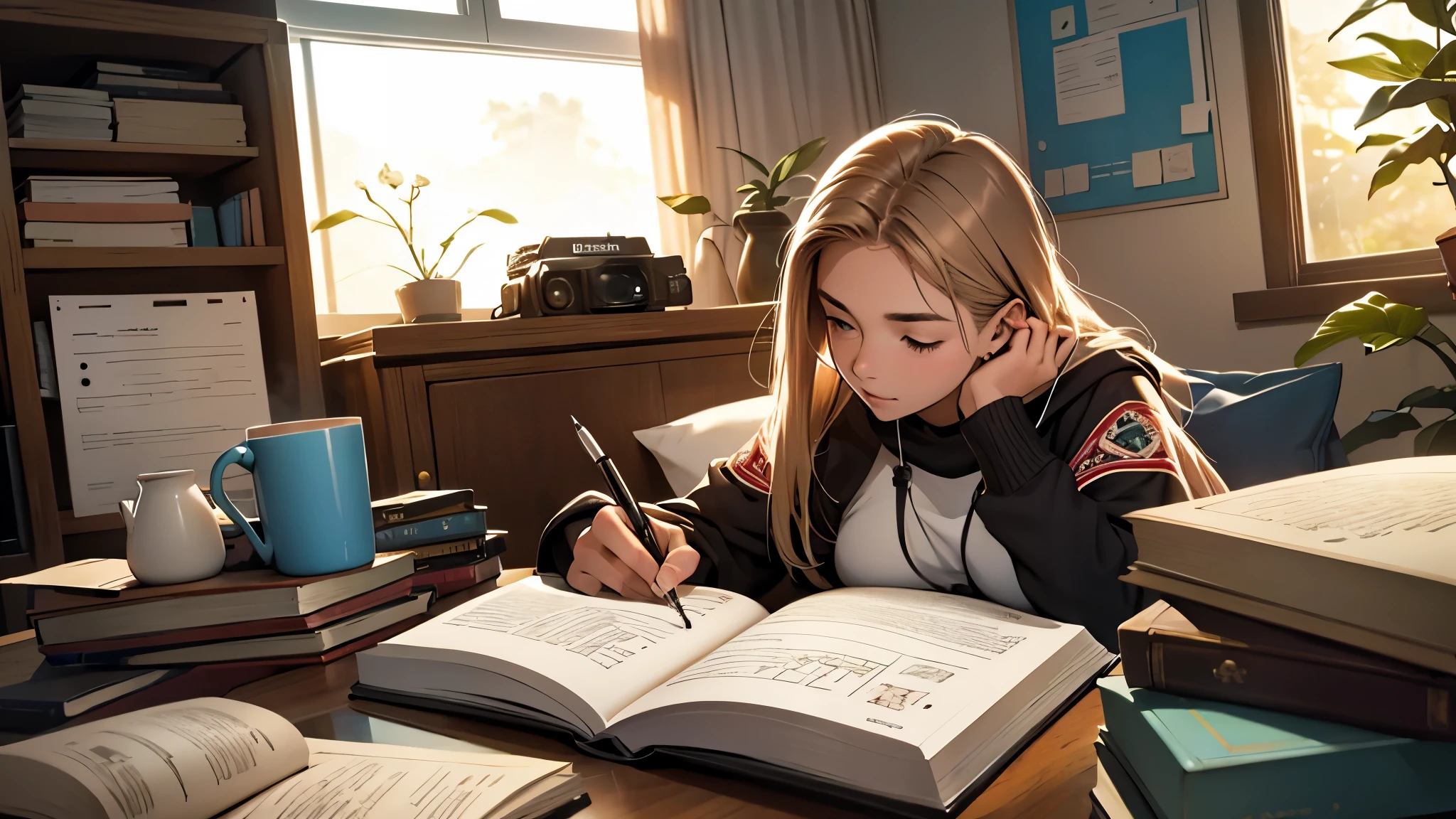 Uma garota de 16 anos, estudante escrevendo em seu caderno e sentada estudando. She is in her cozy and relaxing room. Camera on the girl&#39;s side at medium distance.  She is next to the very large window. It's raining outside.
