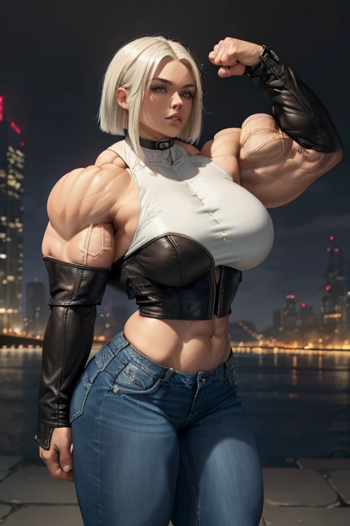 (((((Massive, beautiful, buff, light brown skinned muscular woman with white hair, ginormous bulky muscles, flexes her muscles and wearing a black cropped leather jacket with tight denim jeans))))), (close view), massive muscles, hyper muscles, long straight hair, (((black corset))), (black corset), blue eyes, choker, ((((cropped leather jacket)))), (cropped leather jacket), (gloves), gloves, black boots, (in the Darkened city), closed smile, night, ginormous muscles