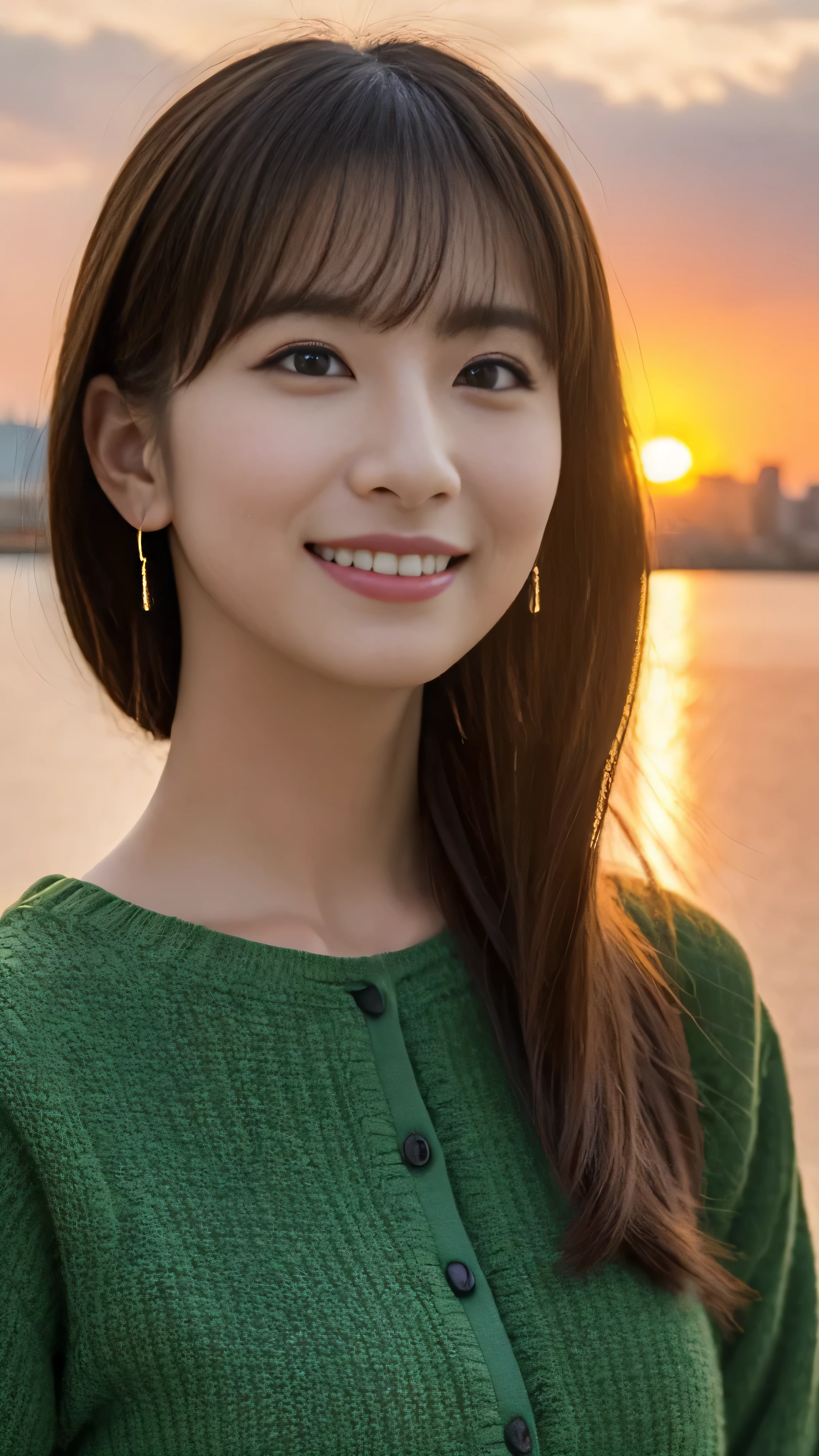1 girl, (Green spring outfit:1.2), Very beautiful Japanese actress,
(RAW Photos, highest quality), (Realistic, Photorealistic:1.4), Tabletop,
Very delicate and beautiful, Very detailed, 2k wallpaper, wonderful,
finely, Very detailed CG Unity 8K wallpaper, Very detailed, High resolution, Soft Light,
Beautiful detailed girl, Very detailed目と顔, Beautiful and detailed nose, Finely beautiful eyes, Cinema Lighting,
Distant view of the buildings, (Sunset on the horizon:1.4),
Bright Red Sunset, Sunset reflected on the surface of the water,
Complete Anatomy, Slender body, small, smile,
Pan Focus