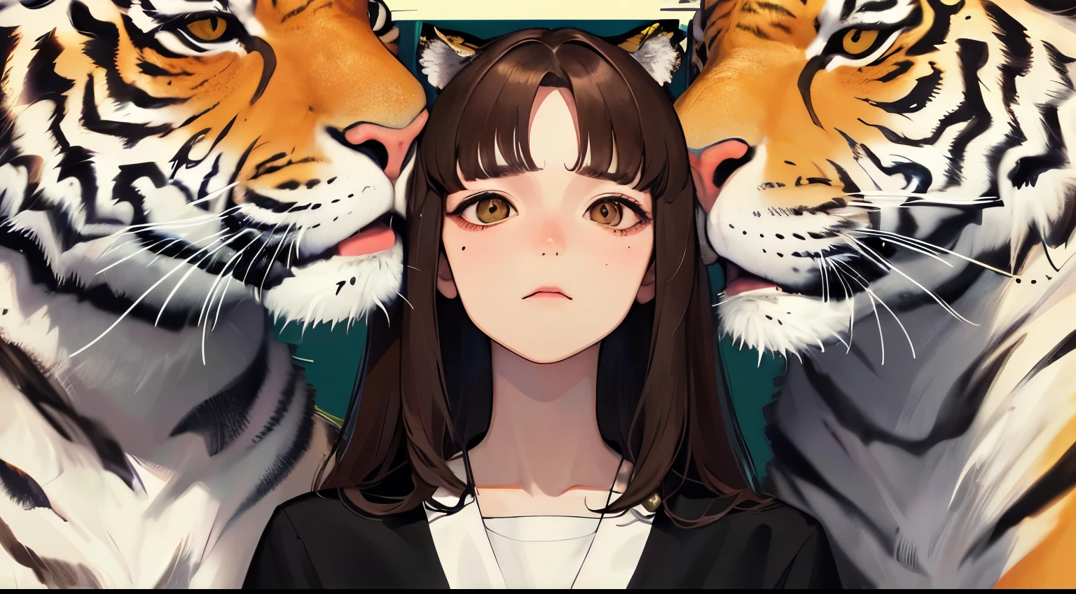 (((Looking up)))、(((Tiger ears)))、((1 person)),Masterpiece,best quality, ((Big tiger behind))), ,((Troubled face))、((Tiger background))、((Expressionless)),determined expression, Upper body diagram、 (Highest Resolution、Clear_image)、Best Quality、Light and shadow contrast、((illumination))、Very detailed、Semi-realistic、Semi-long hairstyle、Brown Hair、bangs、19 years old、　Lady,,young、((View from top))、Delicate Facial Features