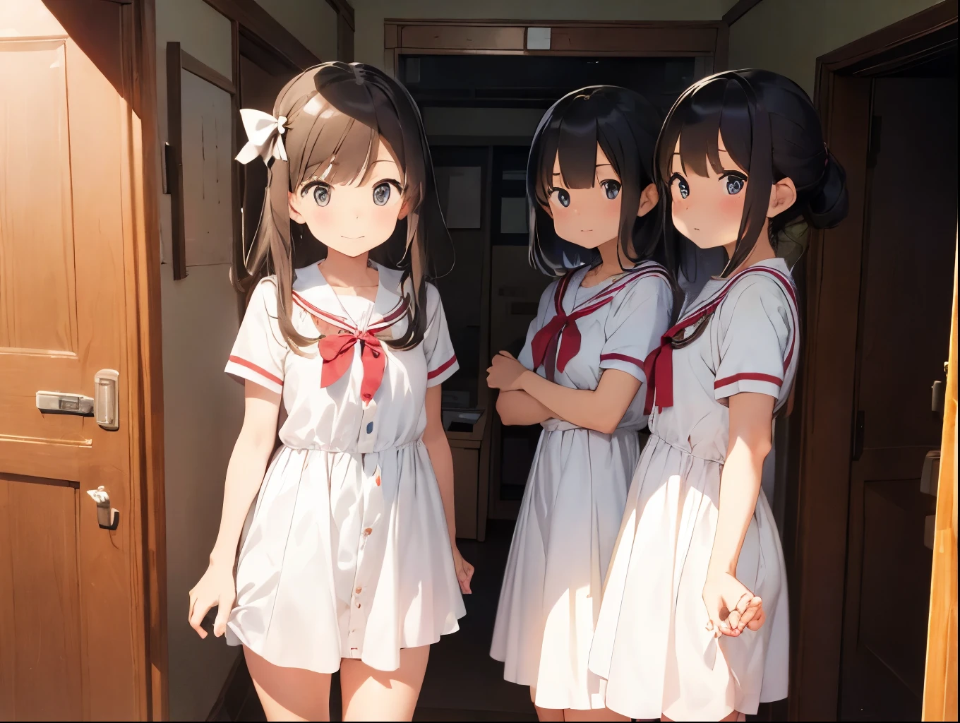 4 sisters、White shirt dress、おっぱいが密着したWhite shirt dress、Cute underwear that shows off a rolled up dress、Japanese-style room、White underwear with cute ribbon、Standing posture、The skirt is rolled up so that the underwear is visible