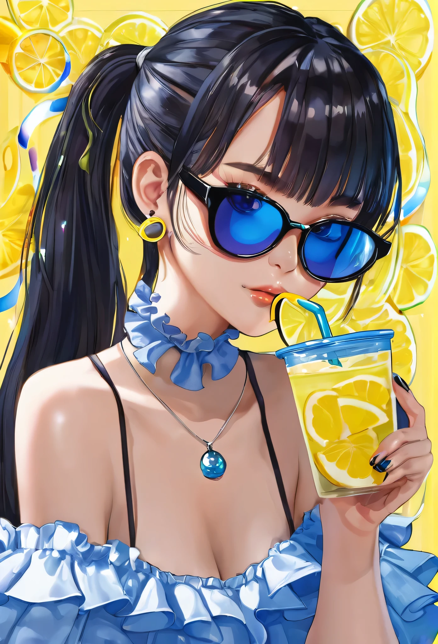 1girl,solo,jewelry,black_hair,earrings,lemon,long_hair,lemon_slice,drinking_straw,cup,food,off_shoulder,holding,fruit,choker,looking_at_viewer,sunglasses,food-themed_earrings,ice_cube,upper_body,ice,mole,bracelet,nail_polish,shirt,blue_nails,holding_cup,bangs,bare_shoulders,tinted_eyewear,drink,blue_background,ponytail,drinking,round_eyewear,frills,collarbone