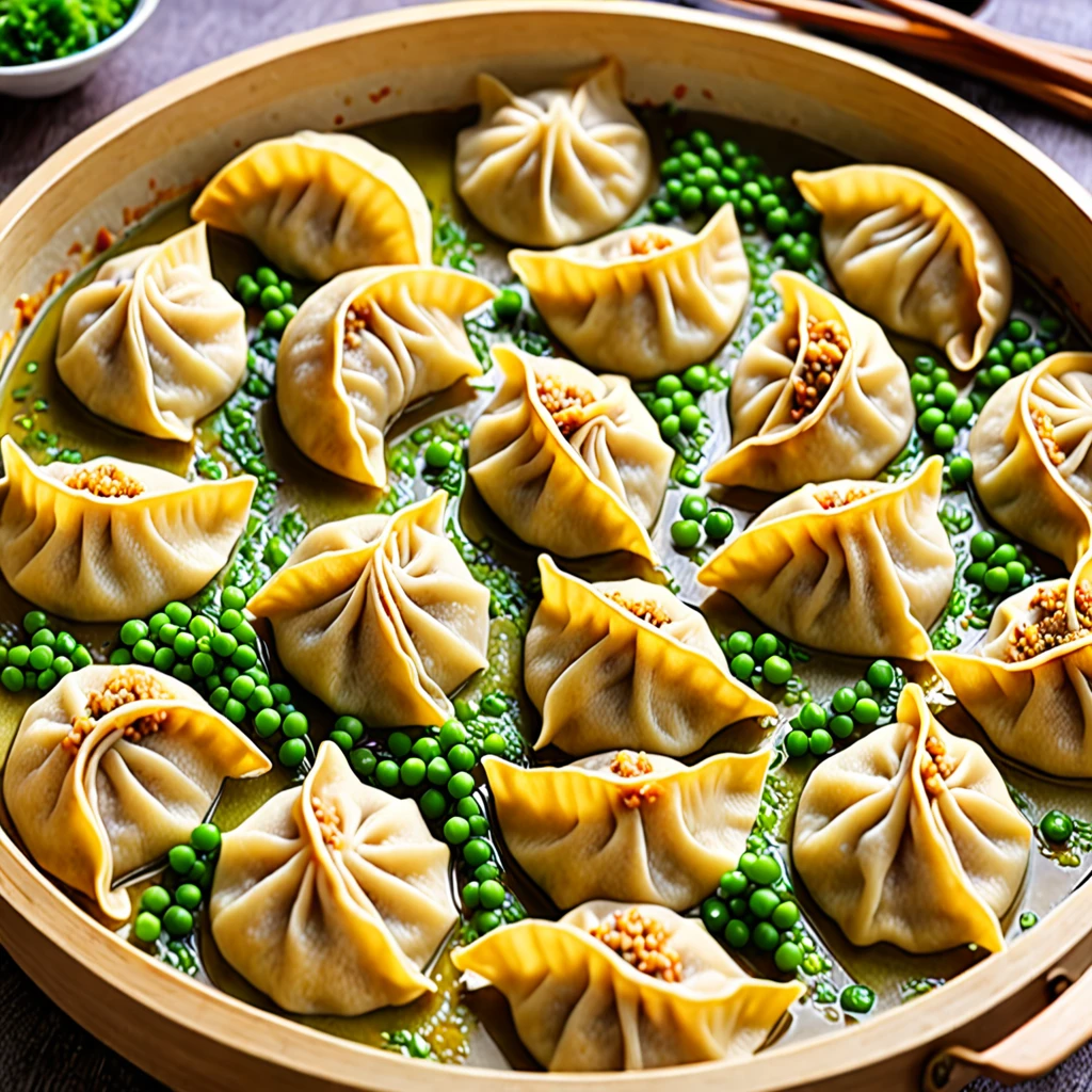 ((Browning on one side)).((Baked dumplings)),((Crescent-shaped dumplings:1.5))、((The minced meat inside can be seen through the dough.))、[vegetables]、These dumplings are made from wheat flour dough rolled out thinly and shaped into semicircular shapes.、