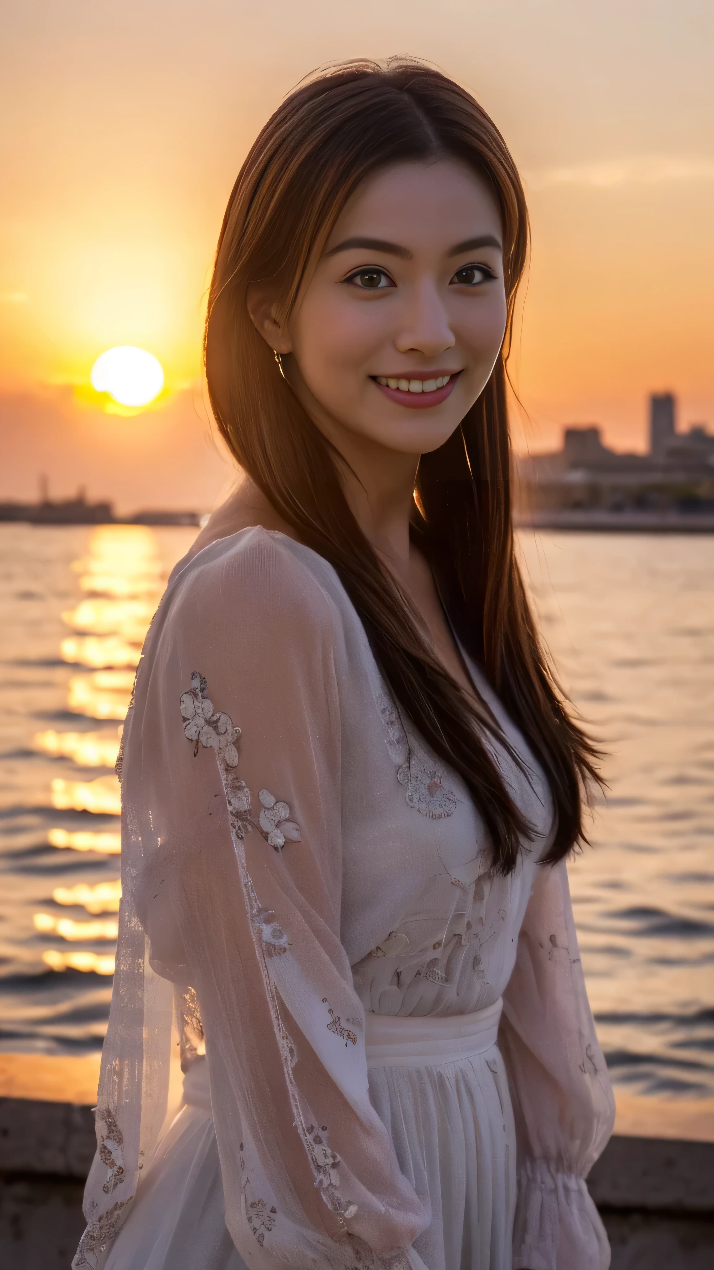 (A photo of one woman:1.5)1 girl, (Random season random color outfit:1.2), (Very beautiful British actress:1.5),
(RAW Photos, highest quality), (Realistic, Photorealistic:1.4), Tabletop, 
Very delicate and beautiful, Very detailed, 2k wallpaper, wonderful, 
finely, Very detailed CG Unity 8K wallpaper, Very detailed, High resolution, Soft Light, 
Beautiful detailed girl, Very detailed目と顔, Beautiful and detailed nose, Finely beautiful eyes, Cinema Lighting, 
Distant view of the buildings, (Sunset on the horizon:1.4), 
Bright Red Sunset, Sunset reflected on the surface of the water,
Complete Anatomy, Slender body, small, smile,
Pan Focus