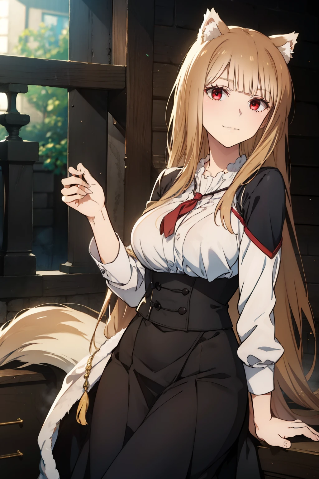(masterpiece, best quality, dynamic lighting), 1 woman, Spice and Wolf's Holo. laugh, laugh, open your mouth , looking at viewer, long skirt, skirt, long sleeves, forest, tree, bush, waving, full shot, afternoon,fascinating expression,Off shoulder,Cinematic scenes and lighting,sexy,low angle,strapless,bare shoulders,middle age,