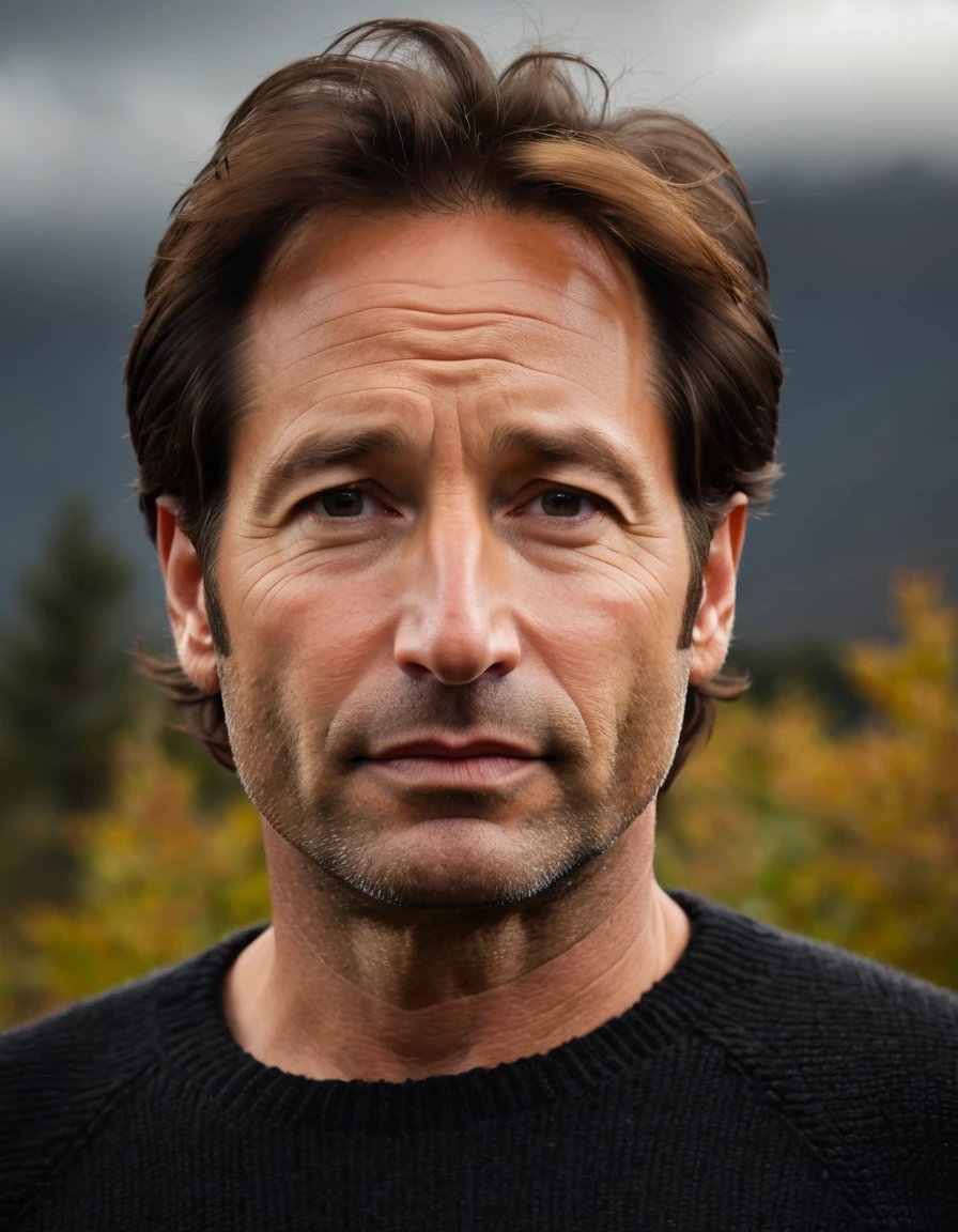 professional photo, closeup portrait photo of caucasian [man:David Duchovny:0.1], wearing a black sweater, serious face, dramatic lighting, nature, gloomy, cloudy weather, bokeh