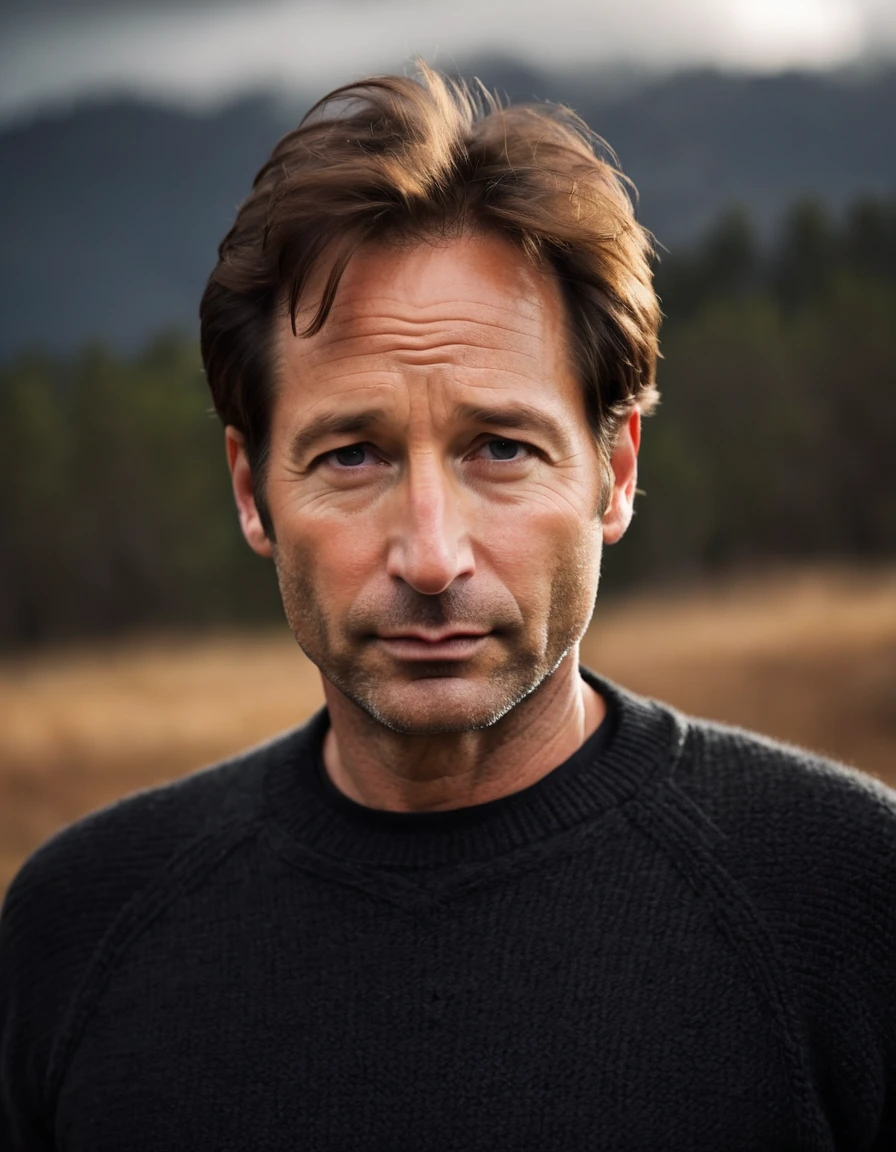 professional photo, closeup portrait photo of caucasian [man:David Duchovny:0.1], wearing a black sweater, serious face, dramatic lighting, nature, gloomy, cloudy weather, bokeh