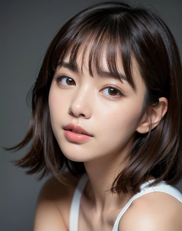 A hyper-realistic portrait of a young Japanese girl with short, straight brown hair and delicate bangs framing her face. She is wearing a form-fitting white sleeveless top that highlights her slender figure and blue jeans. Her expression is gentle and inviting, with a slight, confident smile on her lips. The lighting is soft and natural, coming from the right side, creating subtle shadows on her face and body. Her skin is smooth and fair, with a natural glow. The background is a dark, plain backdrop that contrasts with the light illuminating her, making her the focal point of the image. The style is hyper-realistic with meticulous attention to detail in textures and lighting, capturing the nuances of her facial features and the fabric of her clothing. 