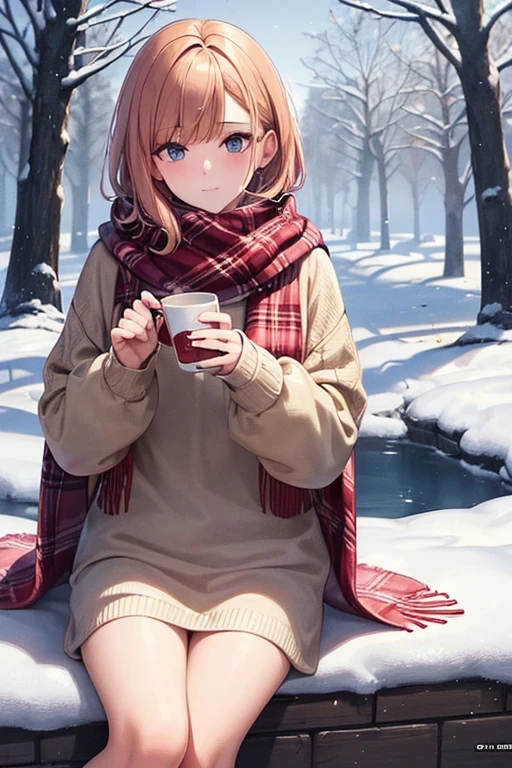 (masterpiece, top quality, best quality, official art, beautiful and aesthetic:1.2), extreme detailed, highest detaile, winter. Short bob strawberry blonde hair, , sweater, scarf, hazel eyes, snow rabbit, cold, very cute, snow