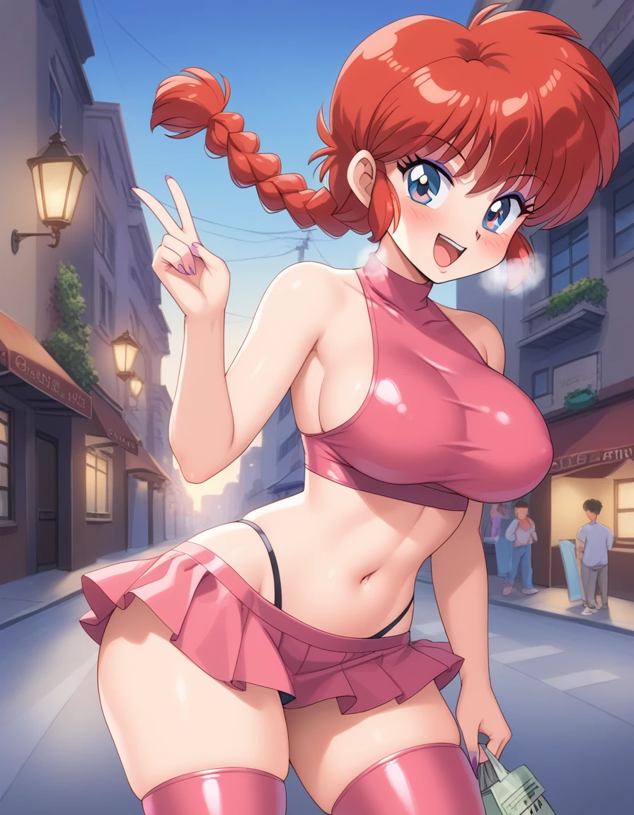 1girl, background, (ranma-chan), blush, red hair, big breasts, tomboy, one short pigtail, nighttime, hot breath, open mouth, dimmed lighting, standing, city, big ass, wide hips, toned body, wearing slutty prostitute outfit, micro skirt, midriff, prostitute, purple eyeshadow, (detailed fingers), thong peek, tight pink latex top, no bra, 5 fingers,