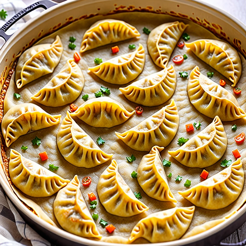 ((Browning on one side)).((Baked dumplings)),((Crescent-shaped dumplings:1.5))、((The minced meat inside can be seen through the dough.))、These dumplings are made from wheat flour dough rolled out thinly and shaped into semicircular shapes.、