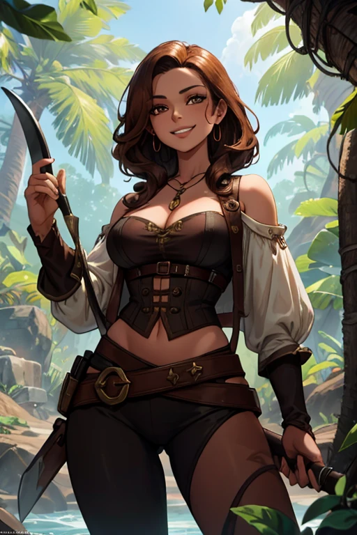 A brown haired woman with copper eyes and an hourglass figure in a pirate's outfit is cutting down vegetation with a machete in the jungle with a big grin