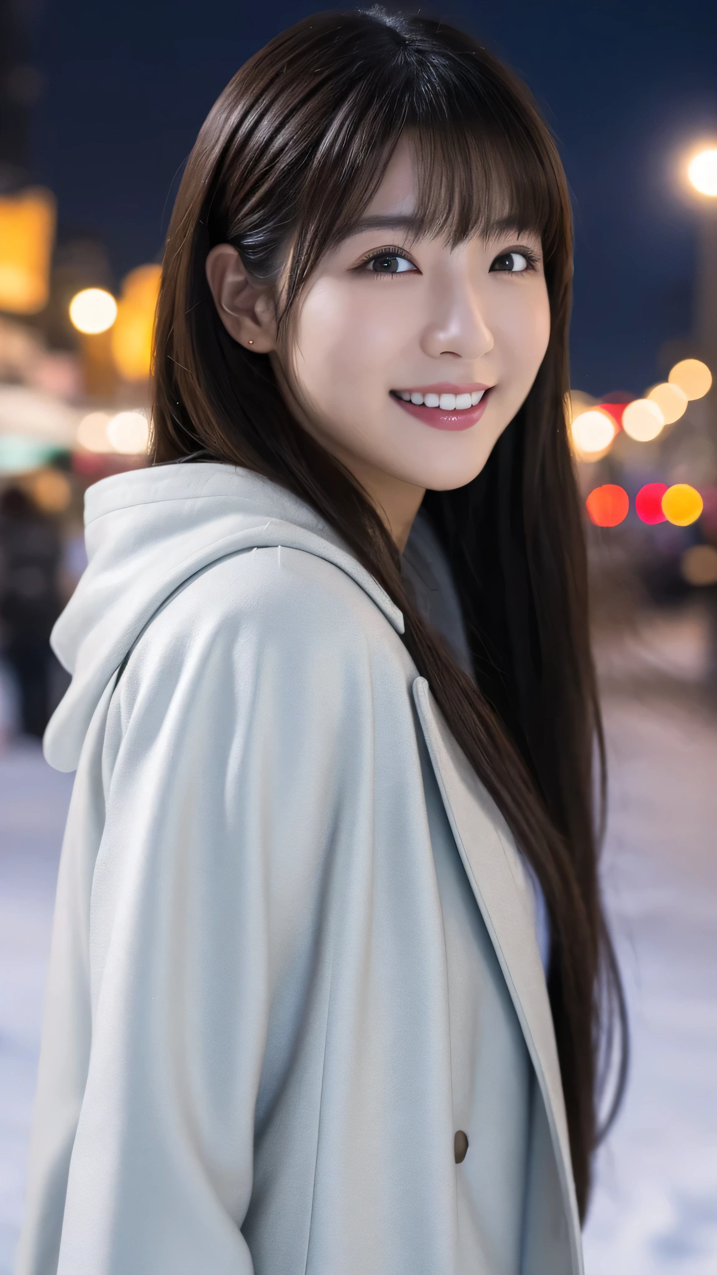 One Girl, (Wear a platinum coat:1.2), (RAW Photos, highest quality), (Realistic, Photorealistic:1.4), Tabletop, Very delicate and beautiful, Very detailed, 2k wallpaper, wonderful, In detail, Very detailed CG Unity 8k wallpaper, Very detailedな, High resolution, Soft Light, Beautiful detailed girl, Very detailedな目と顔, Beautifully detailed nose, Beautiful fine details, Cinema Lighting, Illuminations that light up the city on a snowy night, Snow Scene, It's snowing, Snow in the hair, Perfect Anatomy, Slender body, Was nervous,
Straight semi-long hair, bangs, View your viewers, smile