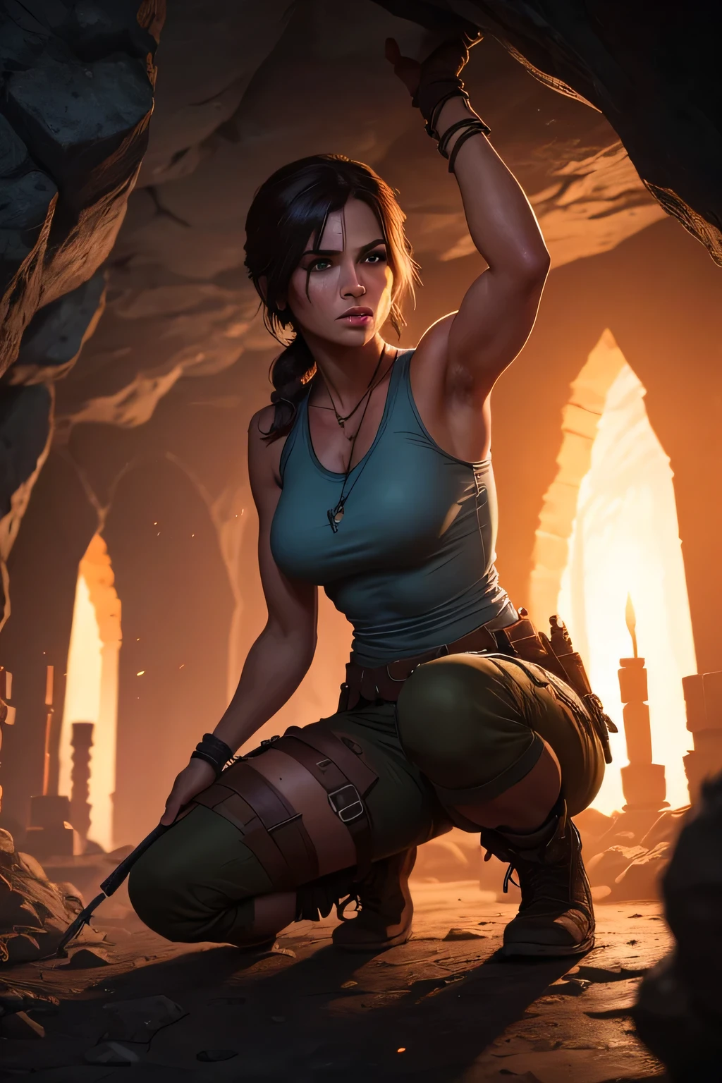 Create a realistic image of Lara Croft discovering an ancient artifact in an underground cave. Lara is looking at different mummies. Lara is wearing her classic Tomb Raider outfit: a light blue tank top, cargo shorts, sturdy boots. She is illuminated by the light from her torch, which casts flickering shadows on the cave walls. The cave is filled with intricate carvings, ancient symbols, and stalactites hanging from the ceiling. Lara is kneeling or bending down, carefully retrieving the artifact from a pedestal or hidden compartment. The artifact is a detailed, mysterious object from one of the Tomb Raider games, such as the Scion from the original game or the Dagger of Xian from Tomb Raider II. perfect face, ultra detailed face, perfect brown eyes, beautiful face, perfect ???????. Additional Details: Background: Underground cave with intricate carvings, ancient symbols, stalactites, and shadows cast by the torchlight. Artifact: Detailed, mysterious object from one of the Tomb Raider games (e.g., Scion, Dagger of Xian). Lighting: it's dark, night time, Flickering torchlight illuminating the scene, creating dramatic shadows and a sense of mystery. (8k, RAW photo, best quality, masterpiece:1.2),ultra-detailed, (high detailed skin:1.2), 8k uhd, dslr, soft lighting, high quality
