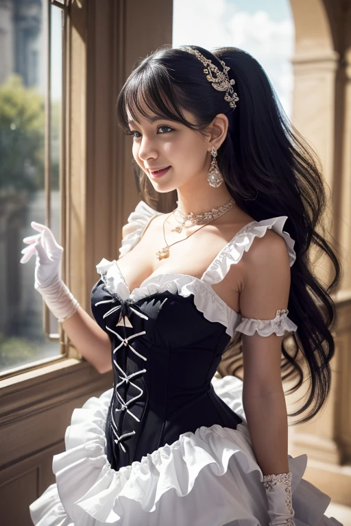 Rococo architecture,Dynamic angle,((1girl, elegant black Frill dress, highest resolution)), (beautiful illustration),(semi long beautiful hair),(looking at the viewer),innocent smile,cinematic lighting,white over-kneehighs,Lace chalker, wristband, diamond necklace,wristband, white fingerless gloves, earrings,day,blue sky,Big Breasts,
