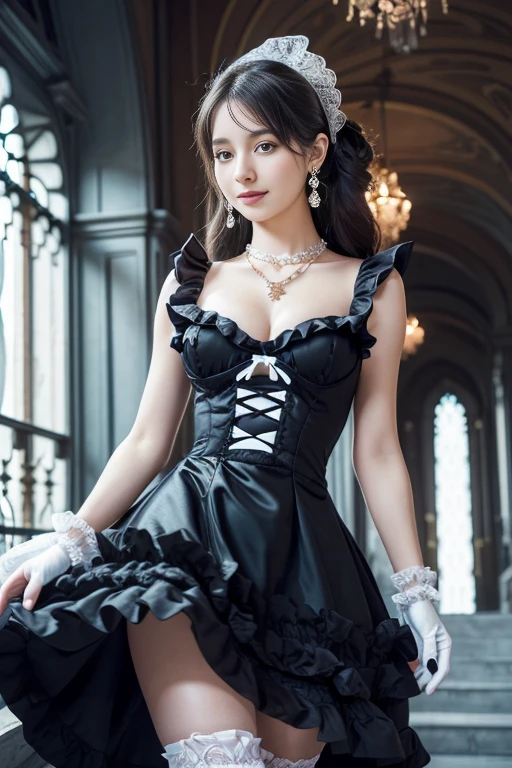 Rococo architecture,Dynamic angle,((1girl, elegant black Frill dress, highest resolution)), (beautiful illustration),(semi long beautiful hair),(looking at the viewer),innocent smile,cinematic lighting,white over-kneehighs,Lace chalker, wristband, diamond necklace,wristband, white fingerless gloves, earrings,day,blue sky,Big Breasts,