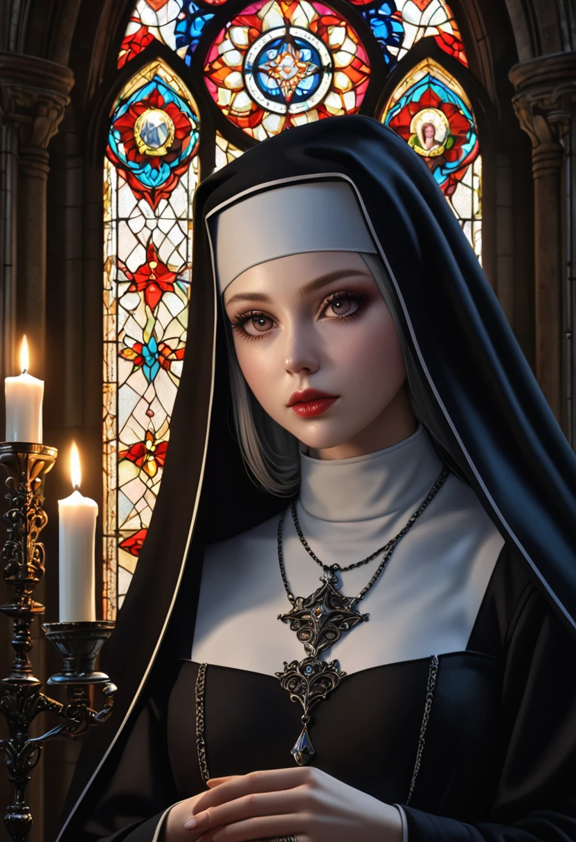 a gothic nun, intricate gothic architecture, stained glass windows, dim lighting, candles, religious iconography, somber mood, mystical aura, dramatic chiaroscuro lighting, detailed textures, ornate robes, pale skin, intense gaze, beautiful detailed eyes, beautiful detailed lips, extremely detailed face and features, long eyelashes, (best quality, 4k, 8k, highres, masterpiece:1.2), ultra-detailed, (realistic, photorealistic, photo-realistic:1.37), gothic art, dark fantasy