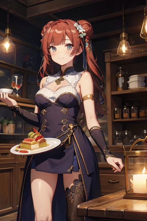 (((Masterpiece))),(((Super Detail))),(((in 8K))),(((best composition))),(((Rim lighting,Fireglow effect,deep shadow))),solo,(Hatsune Miku:1.0),beautiful detailed eyes,double bun with glittering hair ornament,(super detailed glossy skin:1.3),slender body,tits,goddess smile,((mouth little smile open)),beautiful posture,cheongsam dress,(blue with silvr gold thread embroidery,super delicate floral pattern:1.2),seductive cleavage:1.3,beautiful glossy legs,shiny red high heels,lifting dishes with cakesd,french restaurant,hustle and bustle,rising steam,(((depth of fields)))
