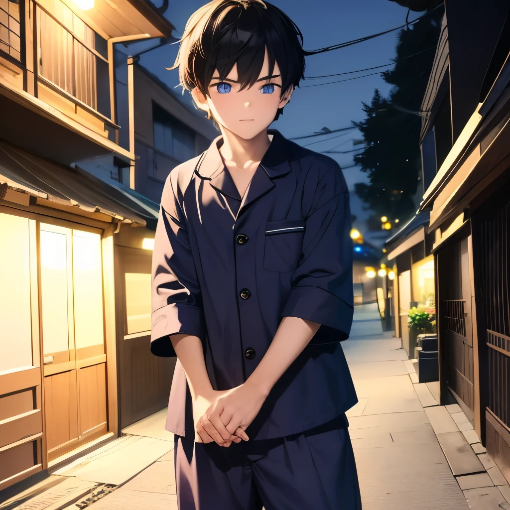 boy wearing pajamas goes to the street at night. The boy has blue eyes and black hair.