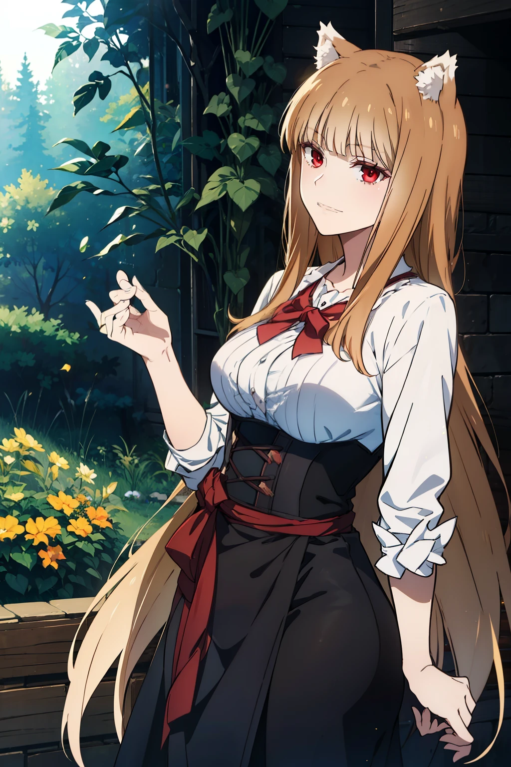 (masterpiece, best quality, dynamic lighting), 1 woman, Spice and Wolf's Holo. laugh, laugh, open your mouth , looking at viewer, long skirt, skirt, long sleeves, tree, waving,High Angle, afternoon,fascinating expression,Off shoulder,sexy,low angle,strapless,bare shoulders,middle age,holding beef jerky in hand