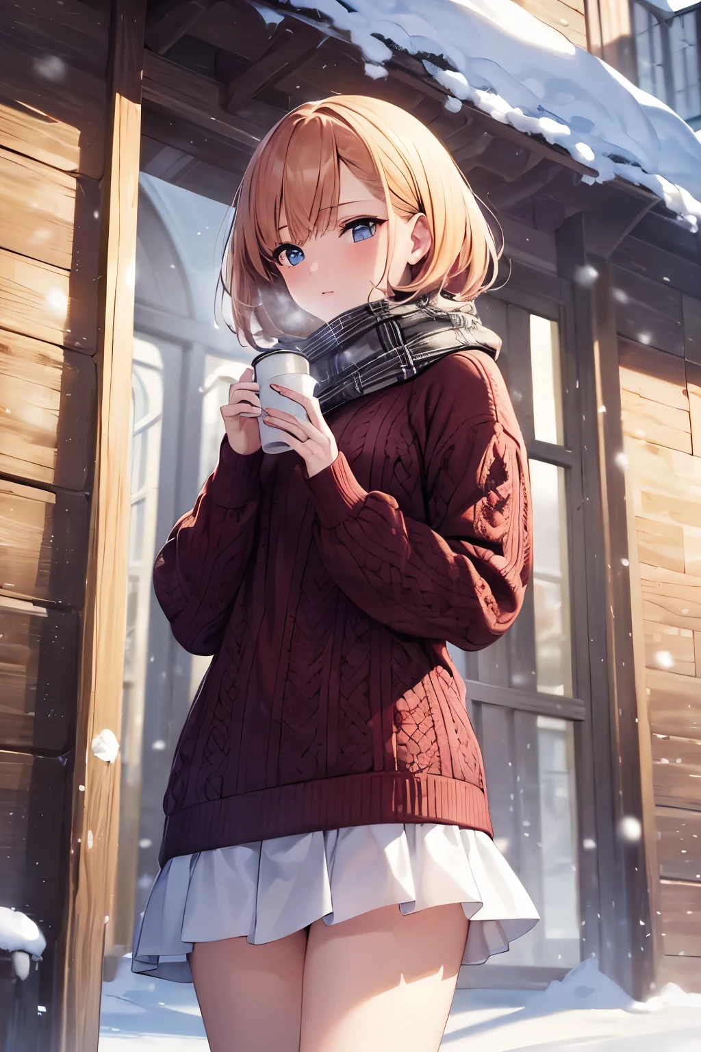 (masterpiece, top quality, best quality, official art, beautiful and aesthetic:1.2), extreme detailed, highest detaile, winter. Short bob strawberry blonde hair, , sweater, scarf, hazel eyes, snow rabbit, cold, very cute, snow