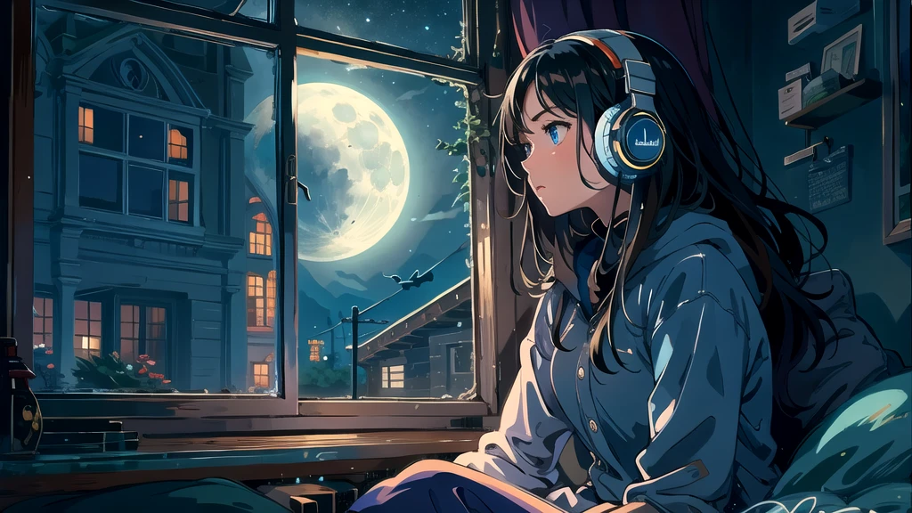 Create an illustration of a girl with dark hair and blue eyes, sitting sideways in front of the window of her room, She is wearing headphones and has a sentimental and introspective expression, Moonlight softly shines into the room, gently illuminating the space, Curtains sway in the breeze, enhancing the serene, melancholic atmosphere, Emphasizing the themes of solitude, silence, and the depths of night, the room is dark but slightly illuminated by moonlight