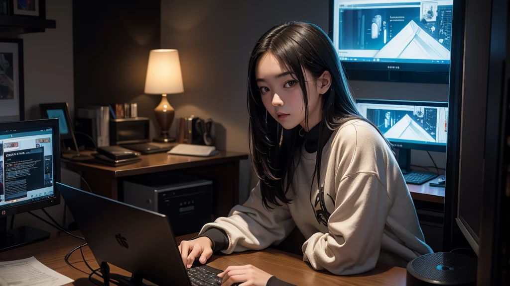 a 16 year old chinese girl, hacker expert in technology,beautiful detailed eyes,beautiful detailed lips,extremely detailed eyes and face,longeyelashes,sitting in her cozy and relaxing room,typical of a chinese teenager,looking at computer monitor,digital art,cinematic lighting,moody atmosphere,vibrant colors,intricate details,hyper realistic,photorealistic,highly detailed,award winning,8k,masterpiece