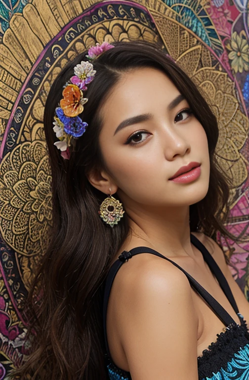 (Masterpiece, Highest quality, best quality, official art, beautiful and beautiful:1.2), (1 girl:1.3), Extremely detailed,(fractal art:1.1),(colorful:1.1)(flower:1.3),Maximum details,(Zentangle:1.2), (dynamic poses), (abstract background:1.3), (Chinese traditional cloth:1.2), (Shiny skin), (many colors:1.4), ,(earring:1.4),