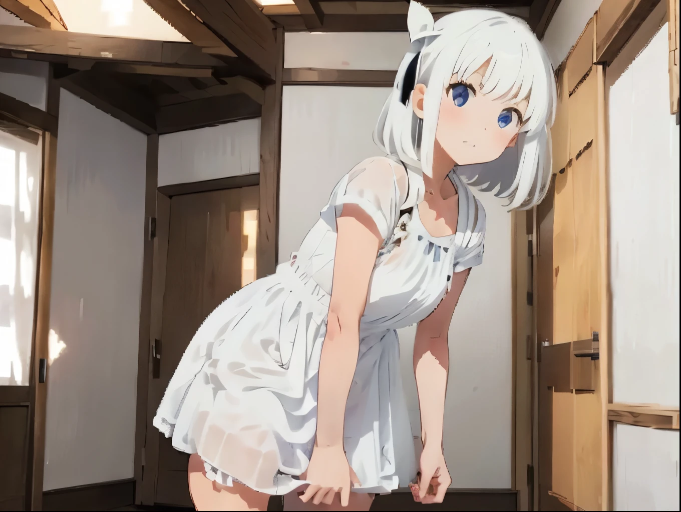 4 sisters、White shirt dress、おっぱいが密着したWhite shirt dress、Cute underwear that shows off a rolled up dress、Japanese-style room、White underwear with cute ribbon、Standing posture、The skirt is rolled up so that the underwear is visible