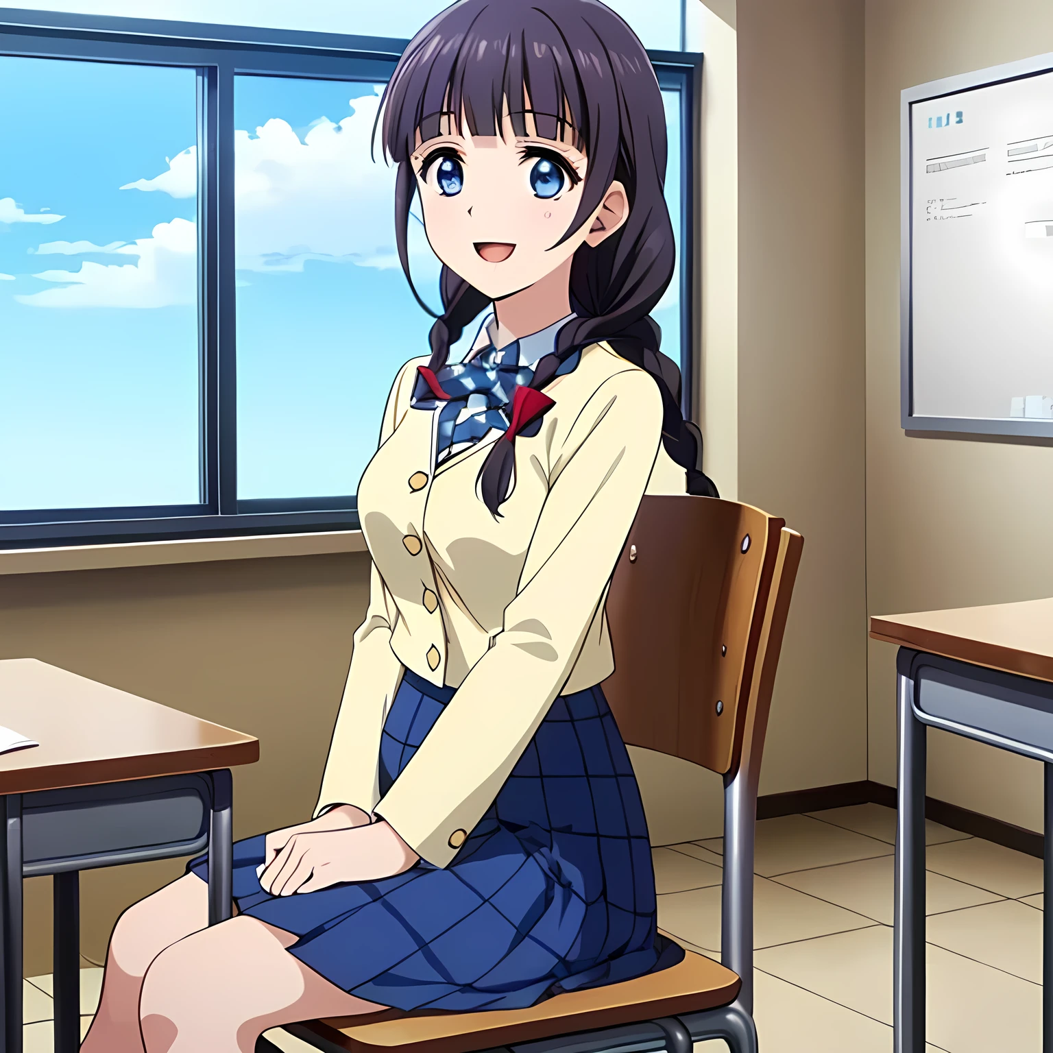 (highest quality, masterpiece:1.2), highest quality, High resolution, 1080p, 8K, Height: 158cm, Anime-style CG, ((A very noble, pretty and neat beautiful girl of the game heroine is sitting on a chair in a school classroom.、A scene of students taking a class with serious expressions、Shooting from the side)), Neat gesture, A face that everyone loves, Glossy lips, Even bangs, Double, Long eyelashes on both the top and bottom, Smiling blue eyes, The very large red shiny wide ribbon bowtie is very cute., ((Black Hair)), ((long twin braids)), (((A long, neat, checkered pleated skirt with dark navy blue checks.))), (((Dark blue winter long sleeve blazer))), How to wear a neat uniform, Smiling, slightly open mouth like a game heroine, Ribbon in hair, Tight waist, The ribbon is big and very pretty.