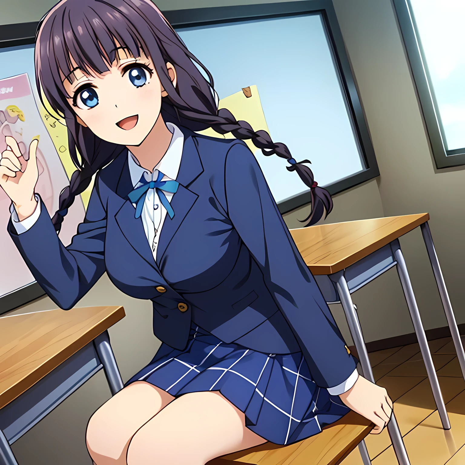 (highest quality, masterpiece:1.2), highest quality, High resolution, 1080p, 8K, Height: 158cm, Anime-style CG, ((A very noble, pretty and neat beautiful girl of the game heroine is sitting on a chair in a school classroom.、A scene of students taking a class with serious expressions、Shooting from the side)), Neat gesture, A face that everyone loves, Glossy lips, Even bangs, Double, Long eyelashes on both the top and bottom, Smiling blue eyes, The very large red shiny wide ribbon bowtie is very cute., ((Black Hair)), ((long twin braids)), (((A long, neat, checkered pleated skirt with dark navy blue checks.))), (((Dark blue winter long sleeve blazer))), How to wear a neat uniform, Smiling, slightly open mouth like a game heroine, Ribbon in hair, Tight waist, The ribbon is big and very pretty.