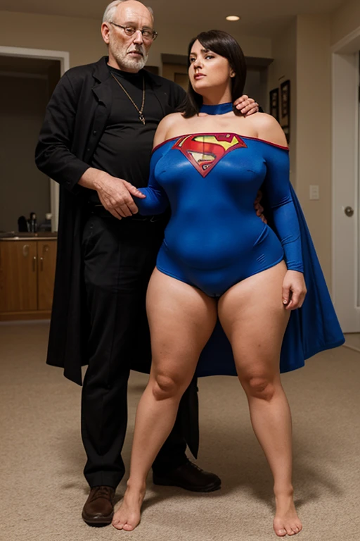 bbw superheroine is standing and paralyzed by an old man, full bodies