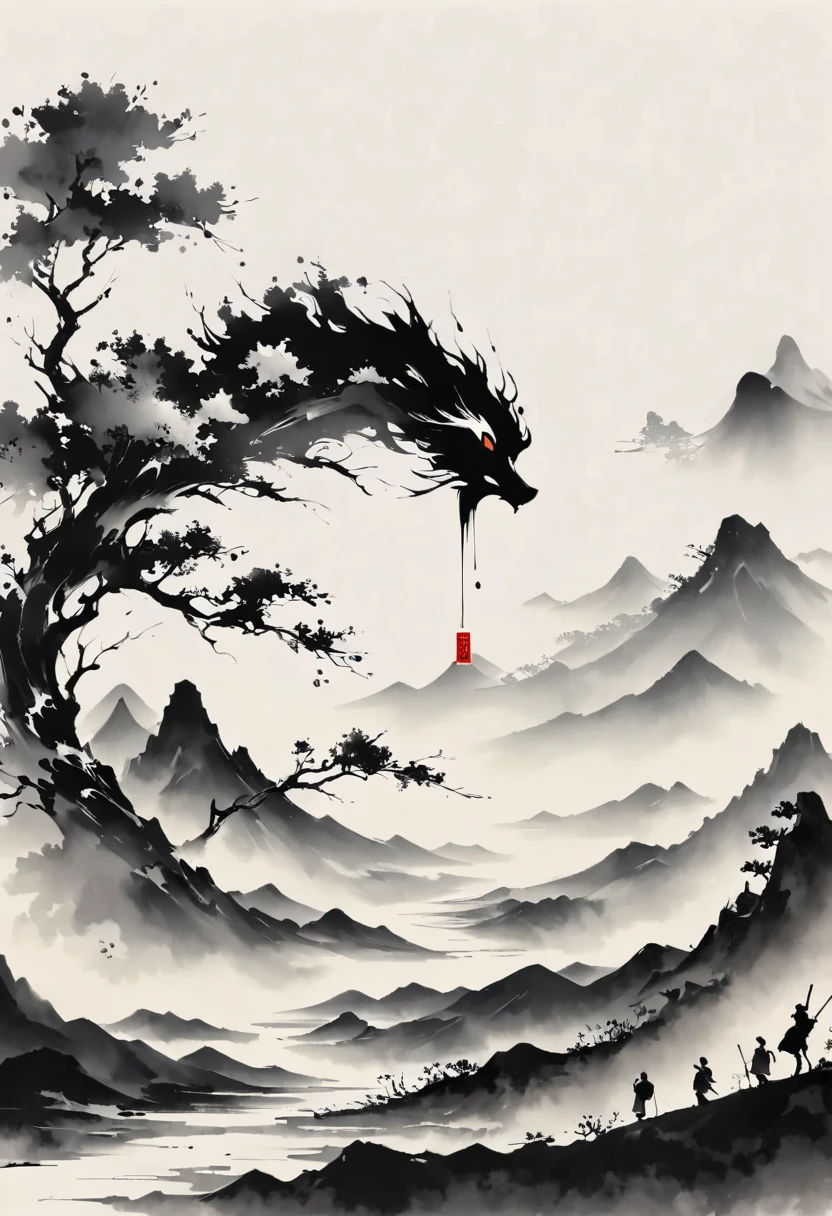 (大量留white:1.5),white, white色背景, simple, Minimalism, abstract,Freehand,Aesthetic,黑与white,Ink Painting,antiquity,Mountain,People in the distance