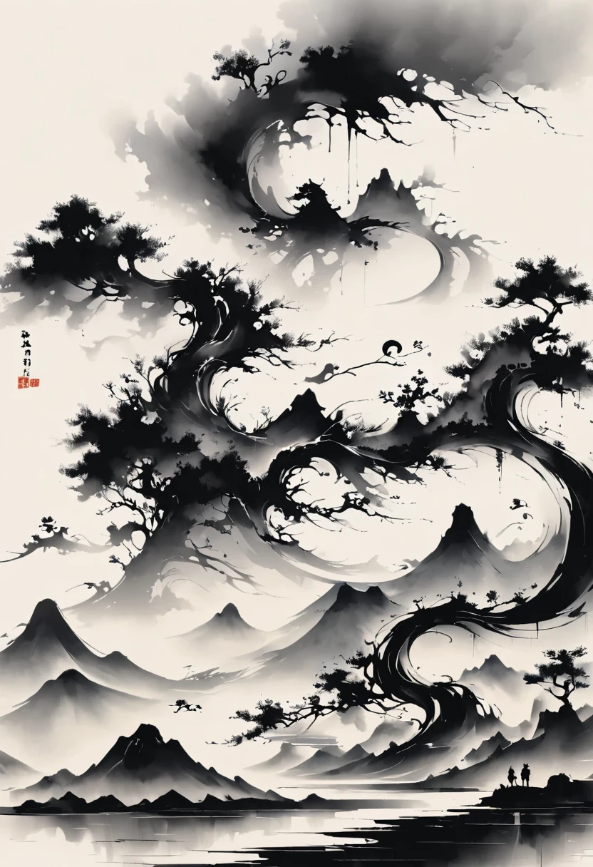 (大量留white:1.5),white, white色背景, simple, Minimalism, abstract,Freehand,Aesthetic,黑与white,Ink Painting,antiquity,Mountain,People in the distance