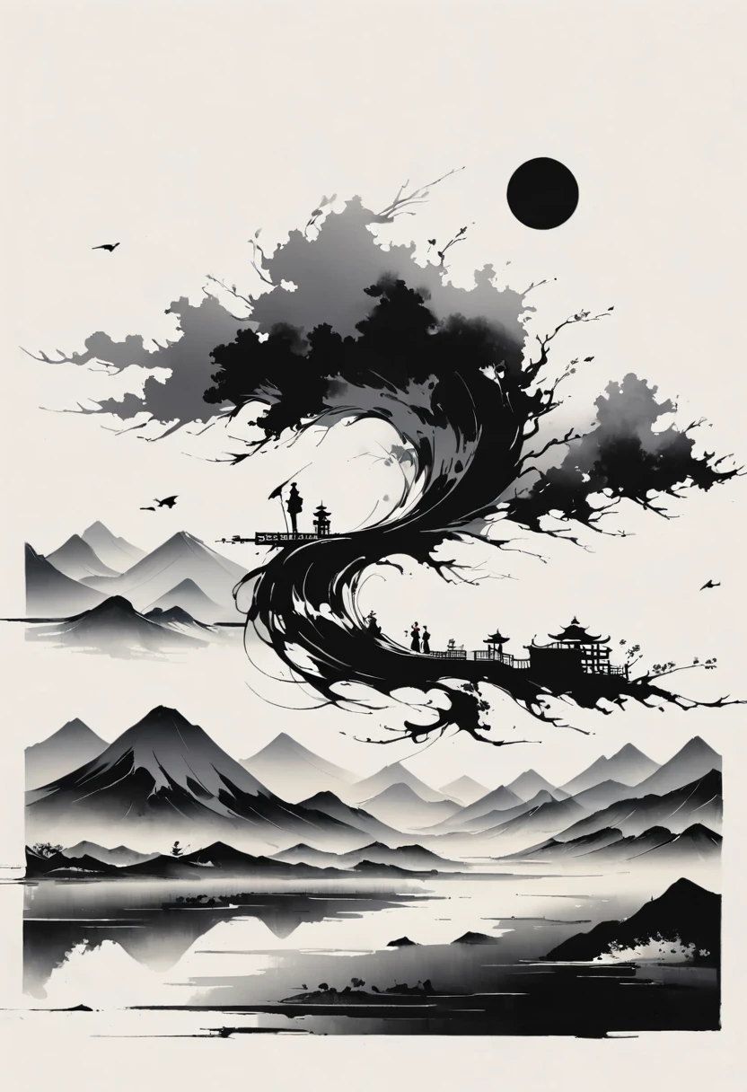 (大量留white:1.5),white, white色背景, simple, Minimalism, abstract,Freehand,Aesthetic,黑与white,Ink Painting,antiquity,Mountain,People in the distance