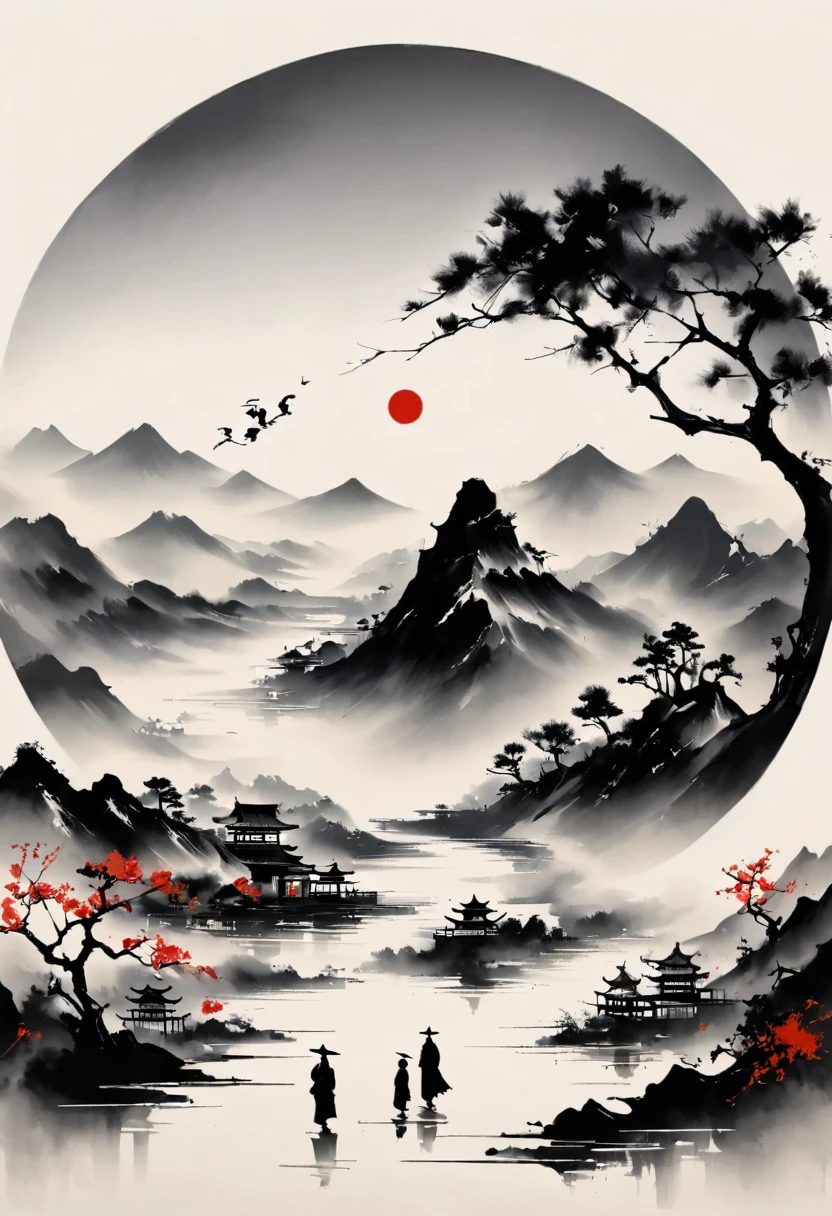 (大量留white:1.5),white, white色背景, simple, Minimalism, abstract,Freehand,Aesthetic,黑与white,Ink Painting,antiquity,Mountain,People in the distance