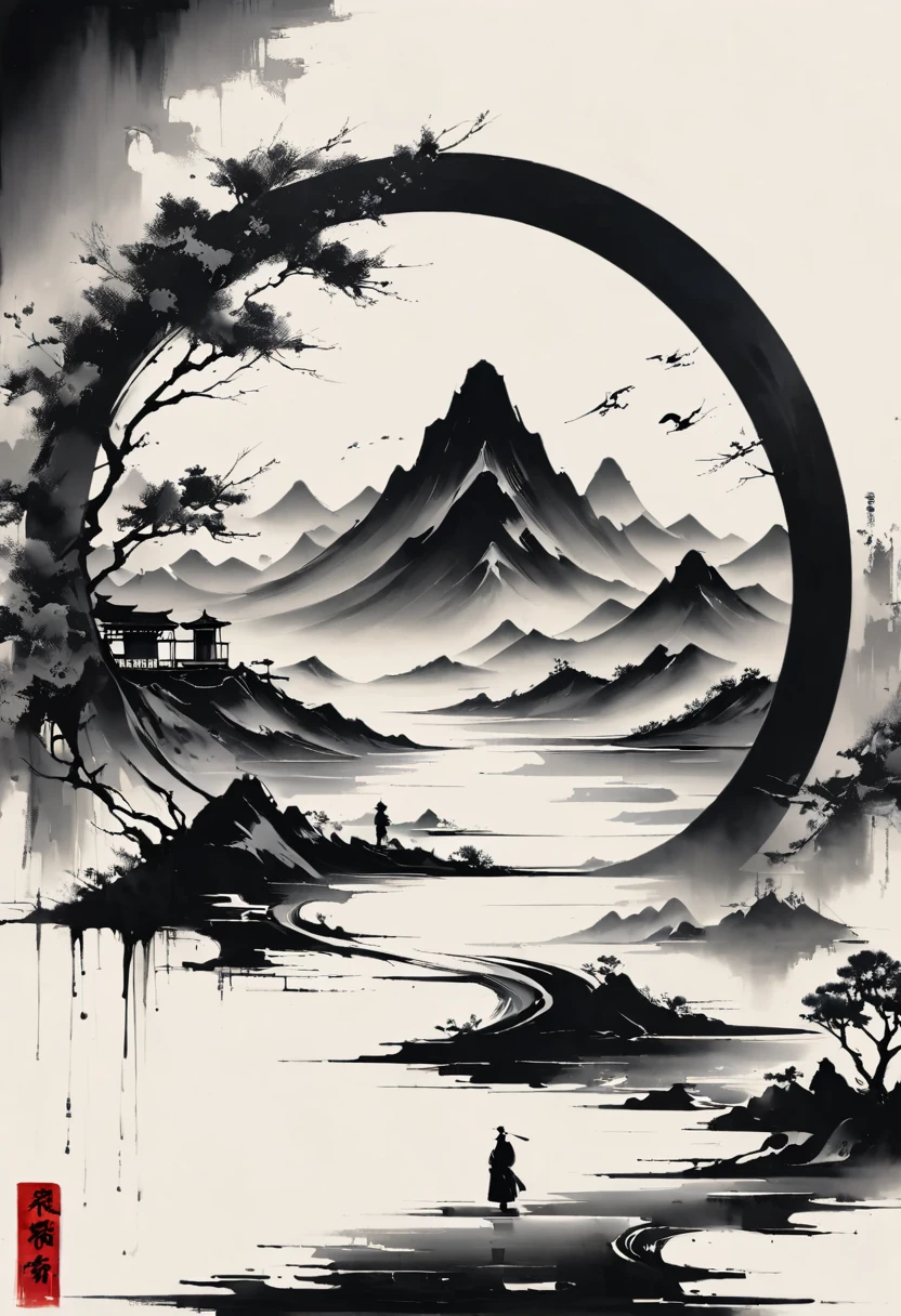 (大量留white:1.5),white, white色背景, simple, Minimalism, abstract,Freehand,Aesthetic,黑与white,Ink Painting,antiquity,Mountain,People in the distance
