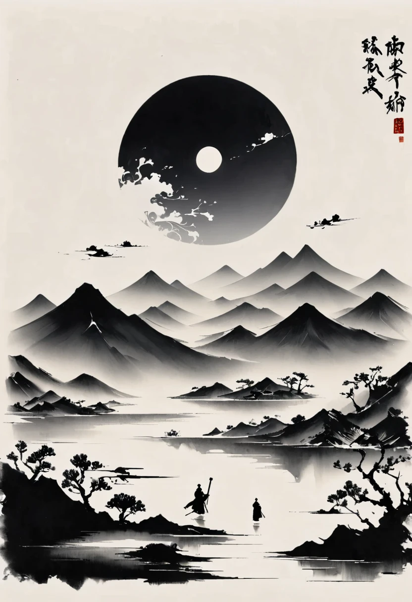 (大量留white:1.5),white, white色背景, simple, Minimalism, abstract,Freehand,Aesthetic,黑与white,Ink Painting,antiquity,Mountain,People in the distance