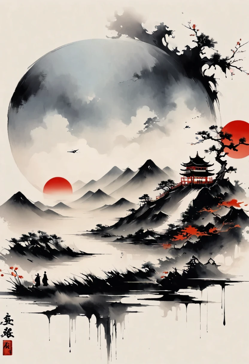 (大量留white:1.5),white, white色背景, simple, Minimalism, abstract,Freehand,Aesthetic,黑与white,Ink Painting,antiquity,Mountain,People in the distance