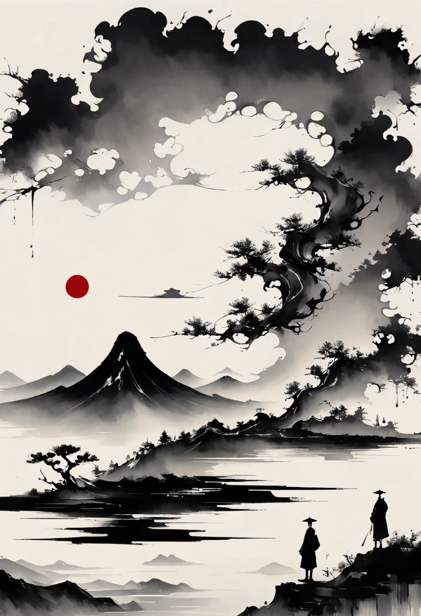 (大量留white:1.5),white, white色背景, simple, Minimalism, abstract,Freehand,Aesthetic,黑与white,Ink Painting,antiquity,Mountain,People in the distance