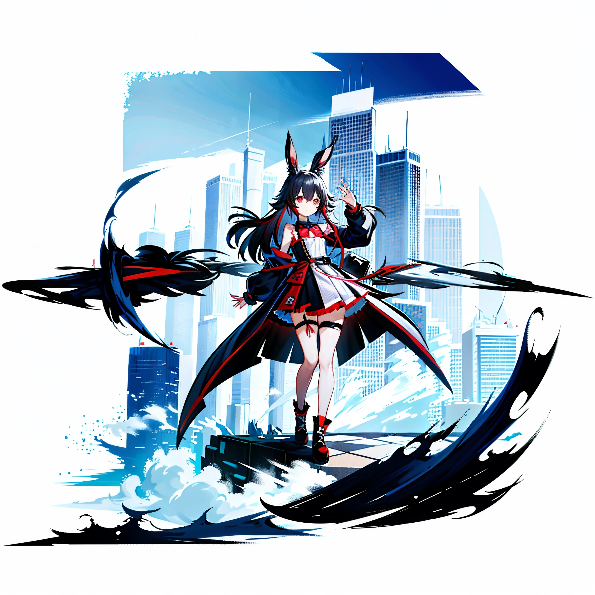 1 Girl，solo，The only person，（Delicate eyes and beautiful face），（Fine hair），（Full body standing），（Black long hair）（Red Eyes），（Smile），（Bunny ears），Punk long coat，Leg strap，Bow，Short skirt，boots，Smile，[White background 1：：5]，Children in general，hapiness，Akimbo，（Blue sky），（High-rise buildings in the distance），dynamic，Lively，（Messy hair），（Gray Theme），（（单手Akimbo）），petal，（（Two black wings））