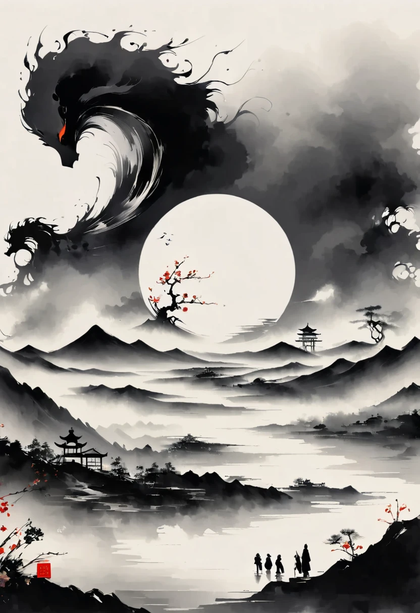 (大量留white:1.5),white, white色背景, simple, Minimalism, abstract,Freehand,Aesthetic,黑与white,Ink Painting,antiquity,Mountain,People in the distance