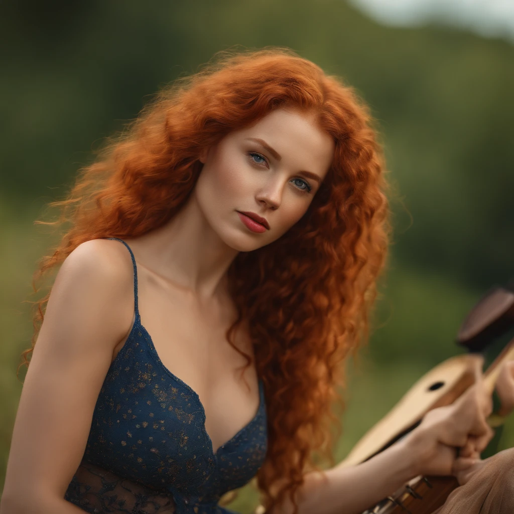 8K, Best quality, masterpiece, ultra high resolution, (realism: 1.4), original photo, (realistic skin texture: 1.3), (Granularity: 1.3), (Selfie angle), 1 girl, full length. Sapphire eyes and beautiful facial details, masterpiece. Best quality, close-up, Upper body pull-ups of the highest quality, (((long curly hair bright red hair))), European facial features, fair skin, plump beautiful lips, neat snub nose, high cheekbones, freckles, full face. happy young adult ragged hippie woman with long red hair carrying a guitar and bottles of drink