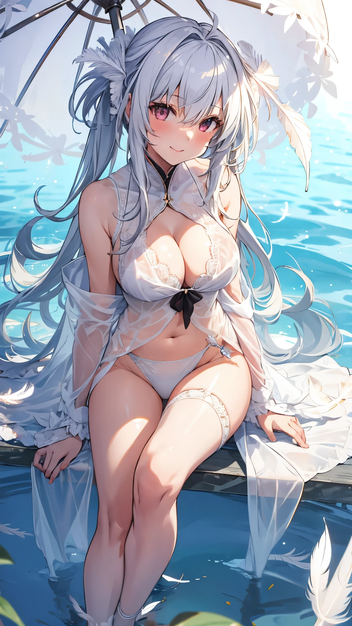 (upper body),1girl,soli,white hair,def2,(white bikini),friled,(see through Feather robe:1.3),(bare legs),cleavage,sitting, Hold an umbrella,