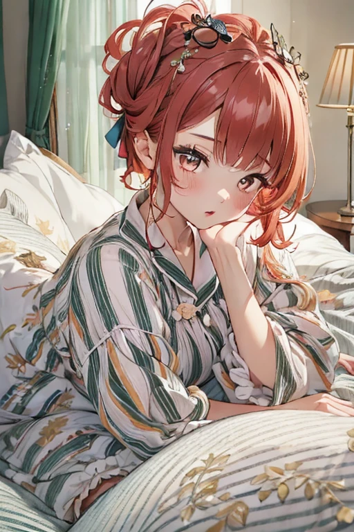 1 girl, Redhead, Updo, Facial hair stripes, Red eyes, mascara, Impact,8k, masterpiece, sexy、Bedroom、pajamas、Loungewear、Erotic