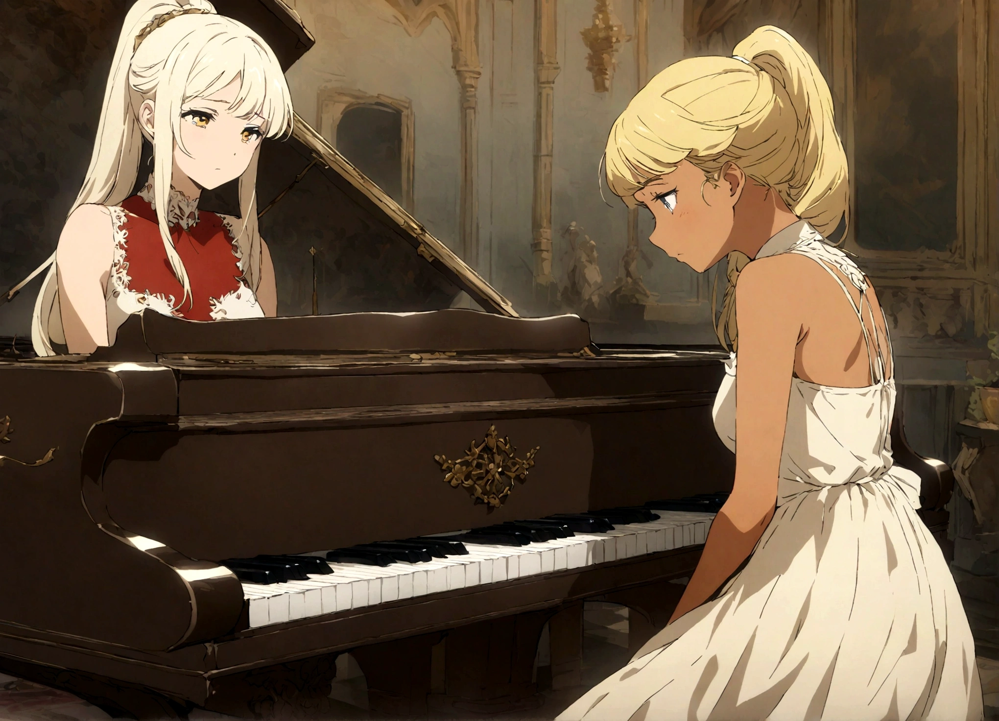 a single blonde haughty girl in a red old fashioned dress playing piano, tanned skin, well postured, ponytail hairstyle, long hair, neutral and sad expression, vintage visual, enlightened colors, large and ancient room, beatiful scenario, masterpiece, high quality