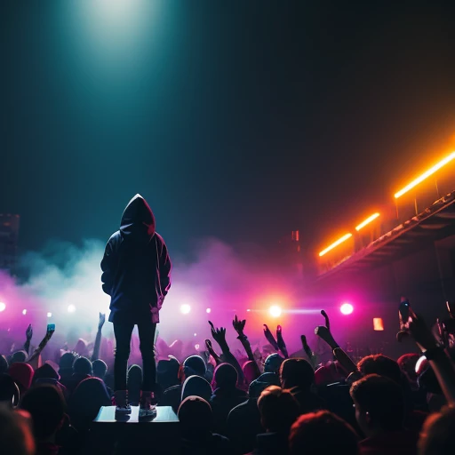 masterpiece, (1: 2 best quality), rap album cover, beautiful rapper woman looking at the croud while performing a concert, wering a hoodie, hazy, foggy, neon colors, moody, very dark and mysterious